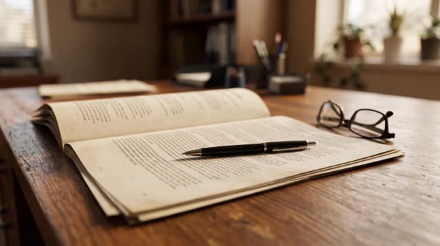 A bound contract lying open on a wooden desk, with a pen resting across the page and reading glasses beside it.