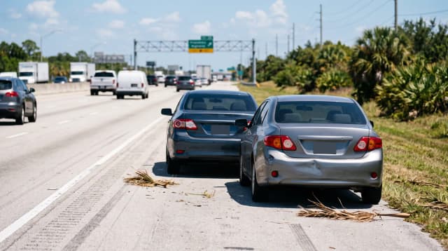 Two cars stopped on the shoulder of a Florida highway after a rear-end collision, the rear bumper of one of them dented.