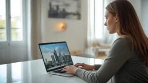 A property owner working at a laptop, with a view of the Miami skyline on the screen.
