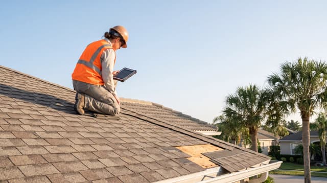 An inspector kneels on a shingle roof with a tablet, beside a section where the shingles are missing and the decking shows.